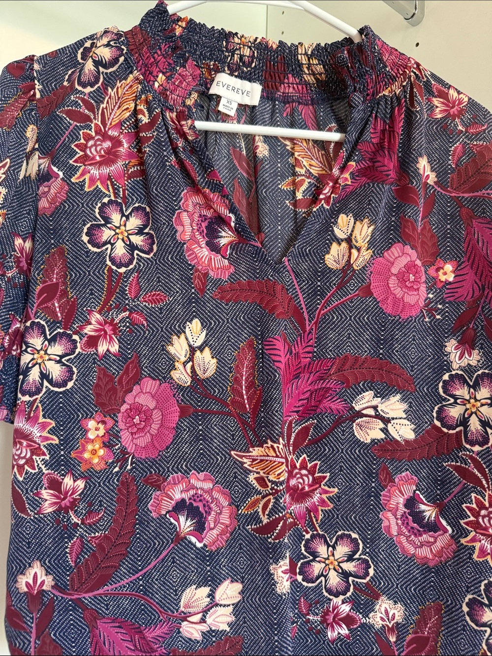 Evereve Navy Floral Smocked-Neck Blouse with Pink & Cream Accents